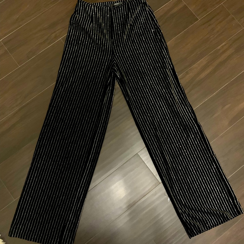 Black with silver pin stripes wide leg pants